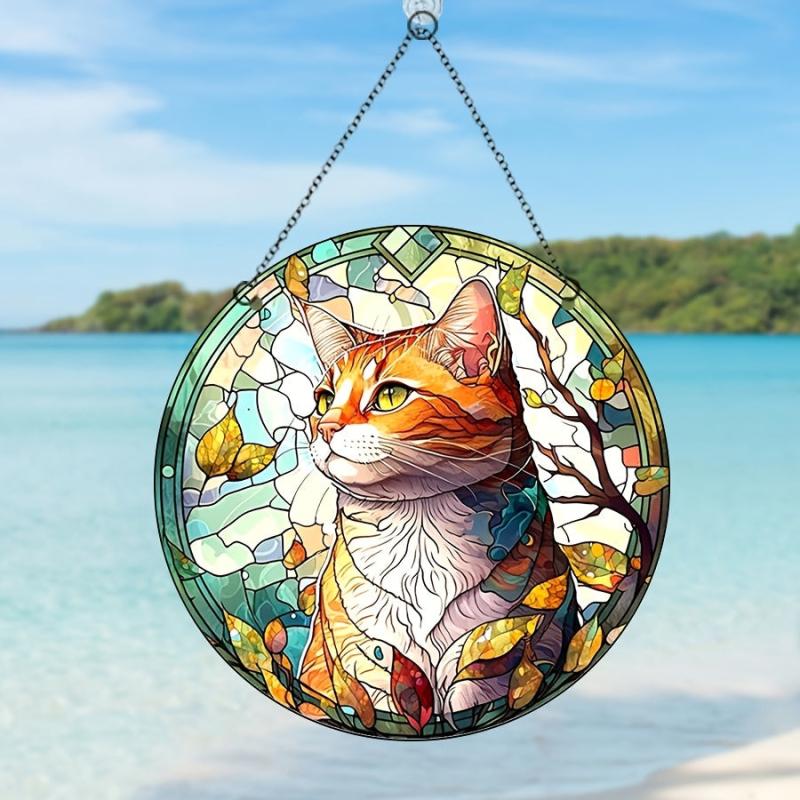 Christmas Acrylic Glass Ornament Cat Leaves Illustration Party Supplies