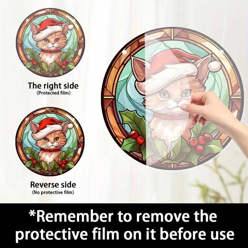 1pc Acrylic Round Christmas Cat Window Decoration