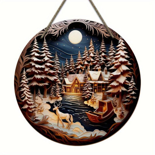 Christmas Wooden Door Hanging Tree Moon Forest Night Signboard