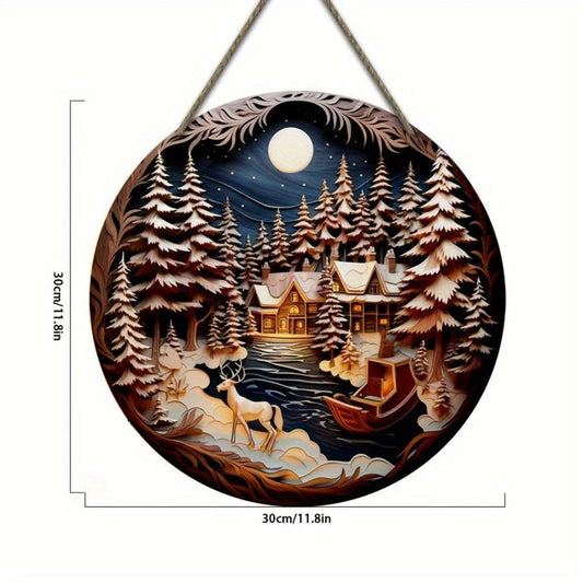 Christmas Wooden Door Hanging Tree Moon Forest Night Signboard