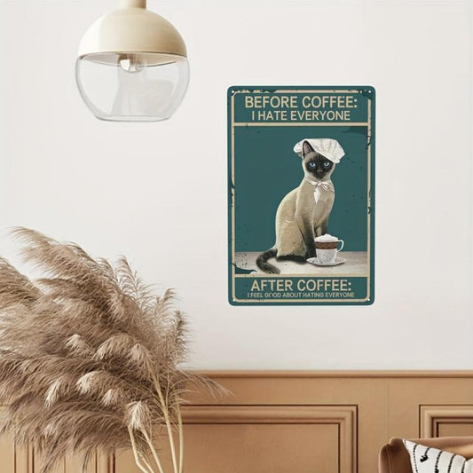 Vintage Coffee Cat Tin Metal Sign Mural Funny Coffee Cat Metal Art Poster