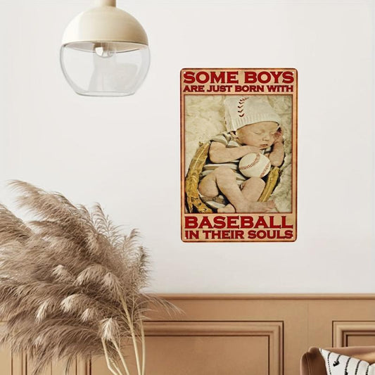 Baseball With Baby Boy Vintage Art Poster Metal Tin Sign
