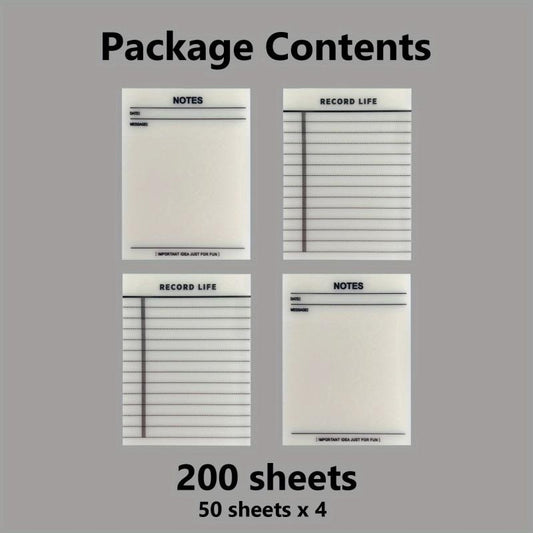 4 Pcs Clear Sticky Notes 200 Sheets- Self-adhesive Memo Pad Office Supplies