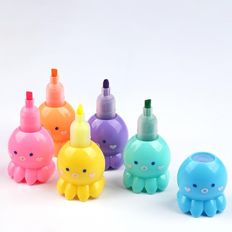 6 Pack Octopus Highlighters 3mm Tip Vibrant Colors