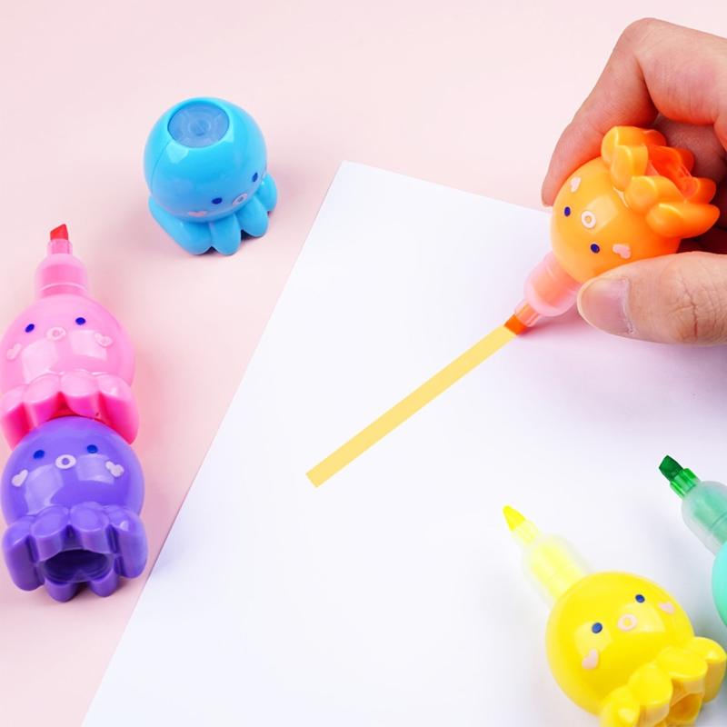 6 Pack Octopus Highlighters 3mm Tip Vibrant Colors