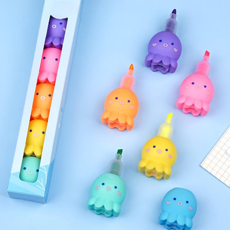 6 Pack Octopus Highlighters 3mm Tip Vibrant Colors