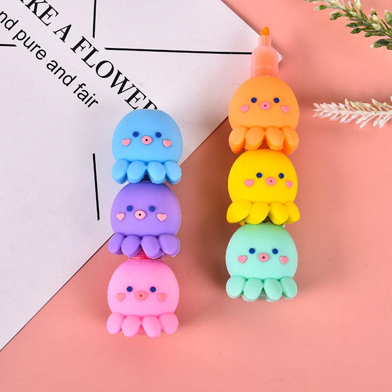 6 Pack Octopus Highlighters 3mm Tip Vibrant Colors