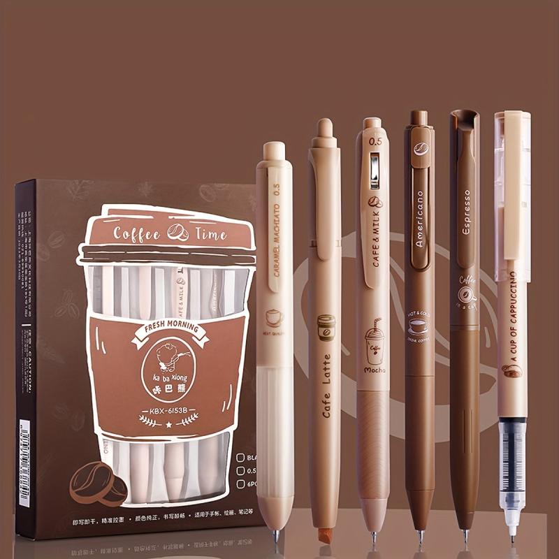 6 Pack Coffee Gel Pens 0.5mm Quick Drying Ink Large Capacity