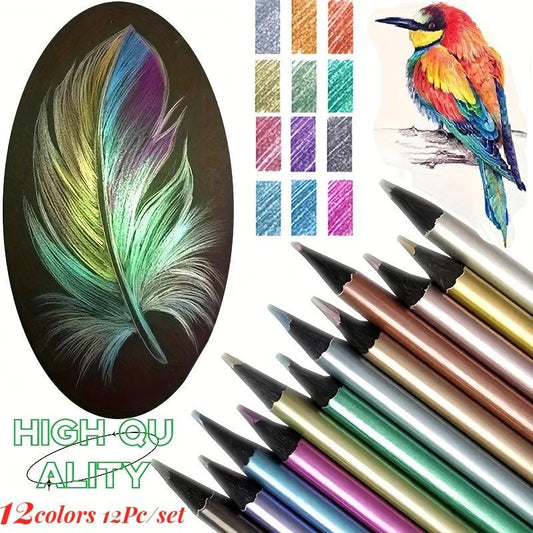 12pcs Metallic Colored Pencils Set for Adult Coloring & Sketching