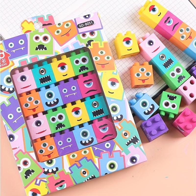 4pc Cartoon Monster Building Block Eraser Set for Students