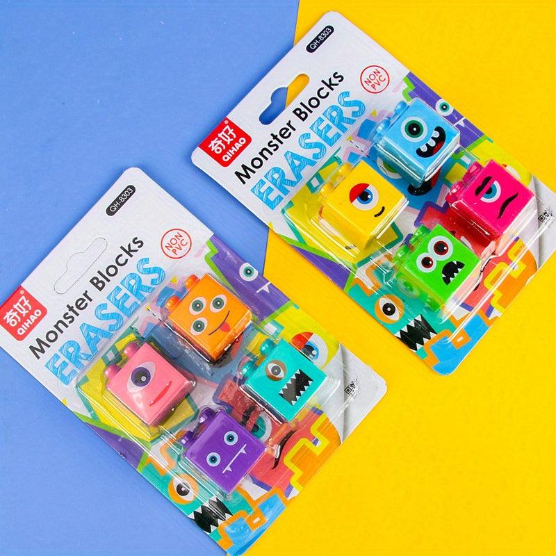 4pc Cartoon Monster Building Block Eraser Set for Students
