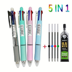 5-in-1 Multicolor Ballpoint Pen Set with Refills & Pencil Core