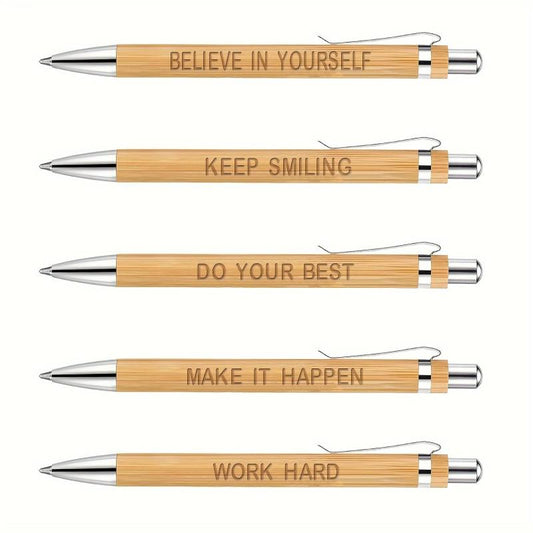 5pcs Bamboo Pens Laser Engraved Thank You Motivational Quotes Ballpoint Pens