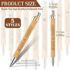 5pcs Bamboo Pens Laser Engraved Thank You Motivational Quotes Ballpoint Pens