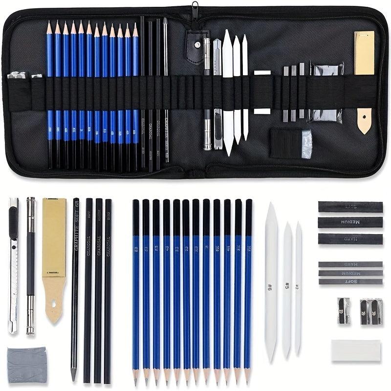 33-Piece Pro Drawing Kit Sketching Pencils Set Travel Case Charcoal Stick