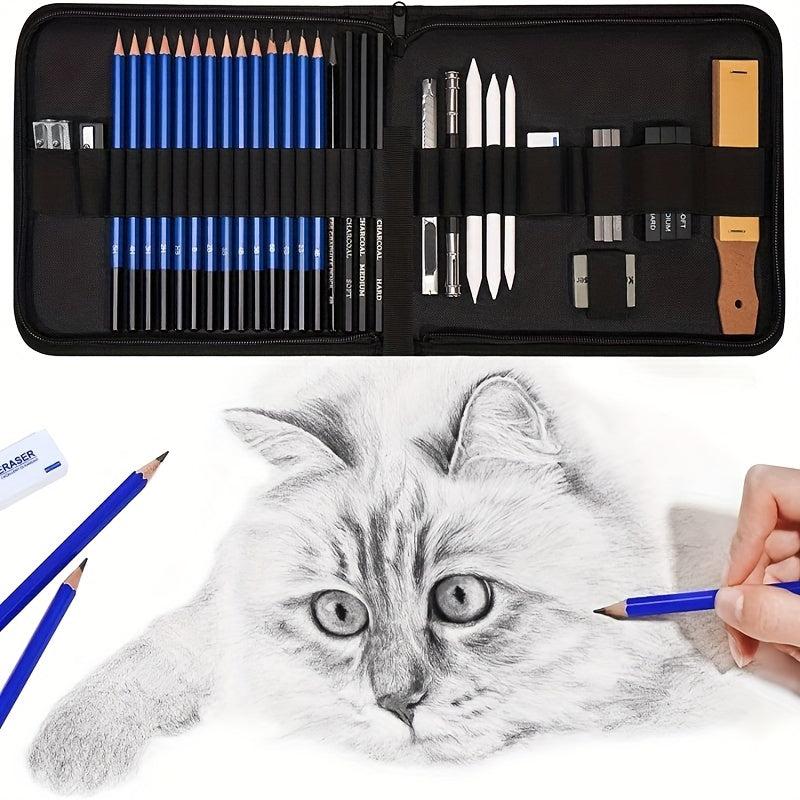 33-Piece Pro Drawing Kit Sketching Pencils Set Travel Case Charcoal Stick