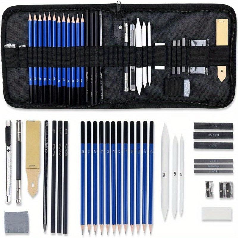33-Piece Pro Drawing Kit Sketching Pencils Set Travel Case Charcoal Stick