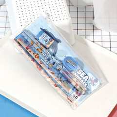 Sea Dinosaur Stationery Set with 6pcs - Pencils, Ruler, Sharpener, Case, Eraser