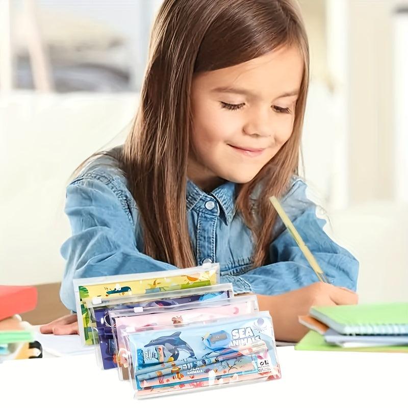Sea Dinosaur Stationery Set with 6pcs - Pencils, Ruler, Sharpener, Case, Eraser