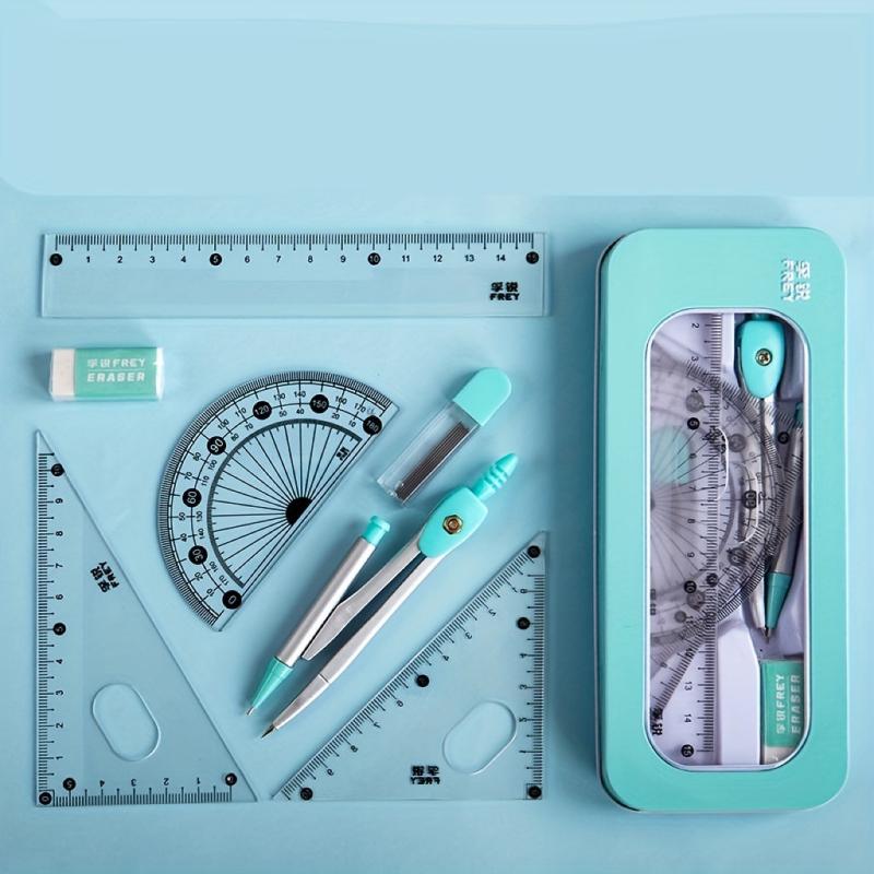 7-Piece Geometry Set for Students with Round Gauge, Ruler, and Box