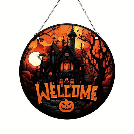 Halloween Acrylic Window Decoration Moonlight Forest Castle Welcome Sign