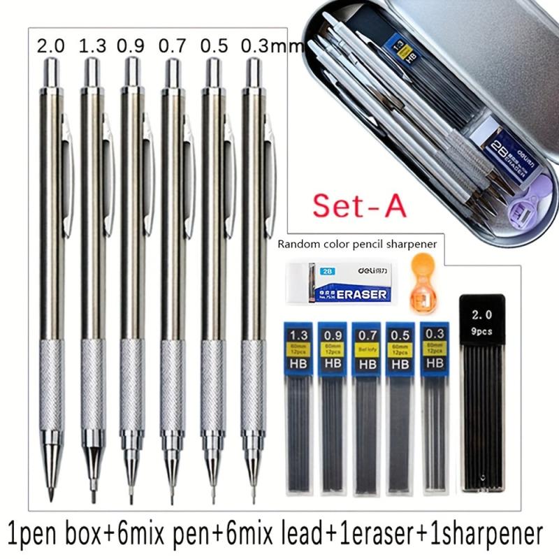 6pcs Metal Mechanical Pencil Set 0.3-2.0mm Art Sketch Automatic Pencil