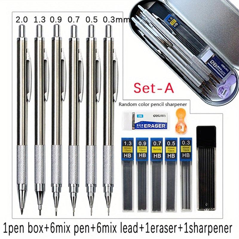 6pcs Metal Mechanical Pencil Set 0.3-2.0mm Art Sketch Automatic Pencil