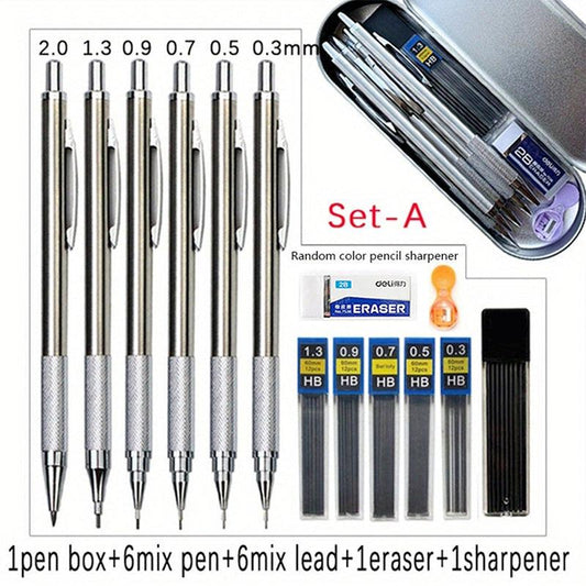 6pcs Metal Mechanical Pencil Set 0.3-2.0mm Art Sketch Automatic Pencil