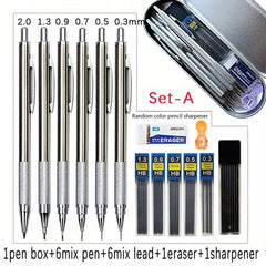 6pcs Metal Mechanical Pencil Set 0.3-2.0mm Art Sketch Automatic Pencil