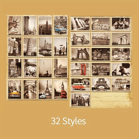 32 Pcs Vintage European Style Building Illustration Postcards