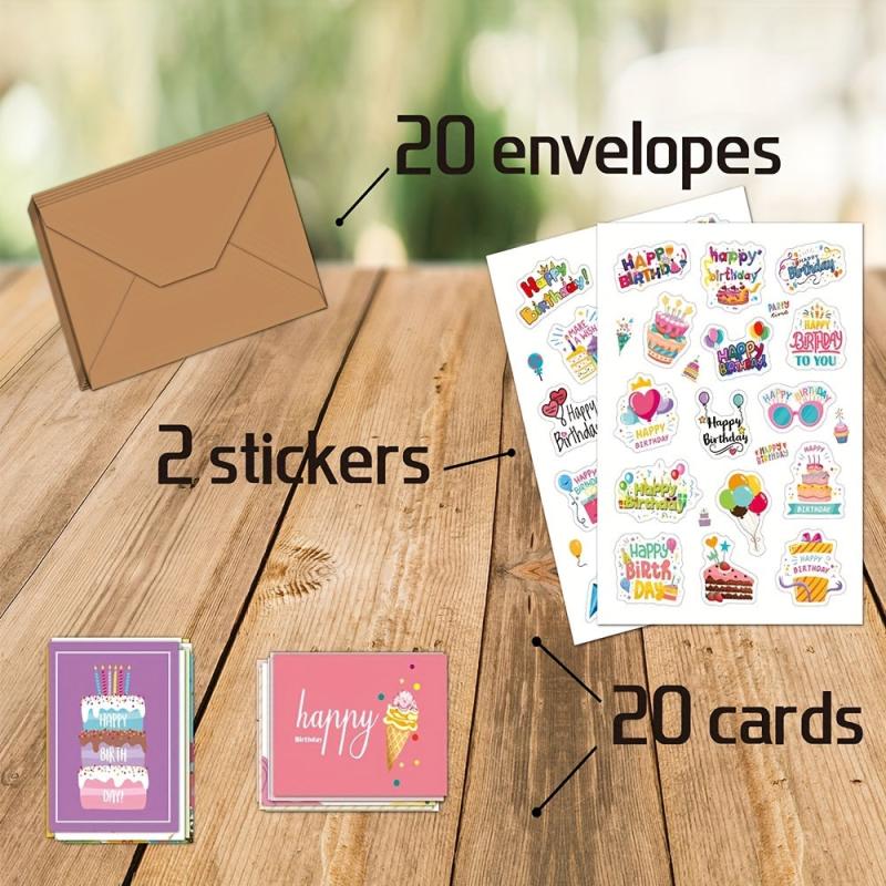 20pcs Cartoon Happy Birthday Cards With Envelope Sticker