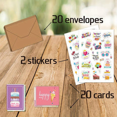 20pcs Cartoon Happy Birthday Cards With Envelope Sticker