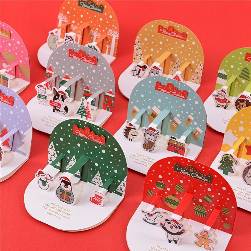 3D Christmas Greeting Card Set - 10 Cards, 2 Stickers, Envelopes Included