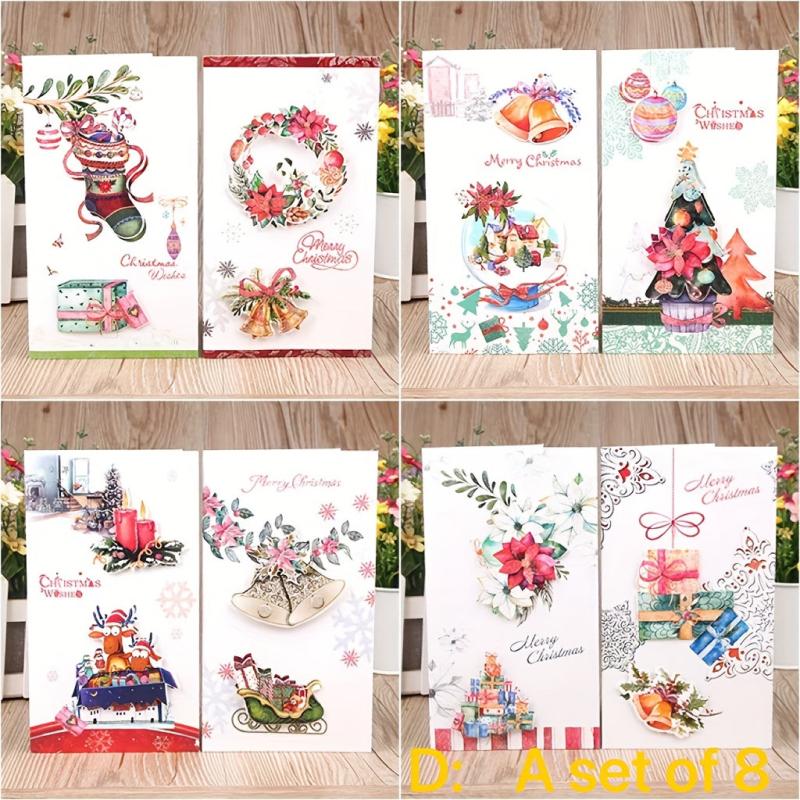 8pcs Christmas Greeting Card Set w/ Envelopes 3D Congratulation Card