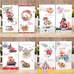8pcs Christmas Greeting Card Set w/ Envelopes 3D Congratulation Card