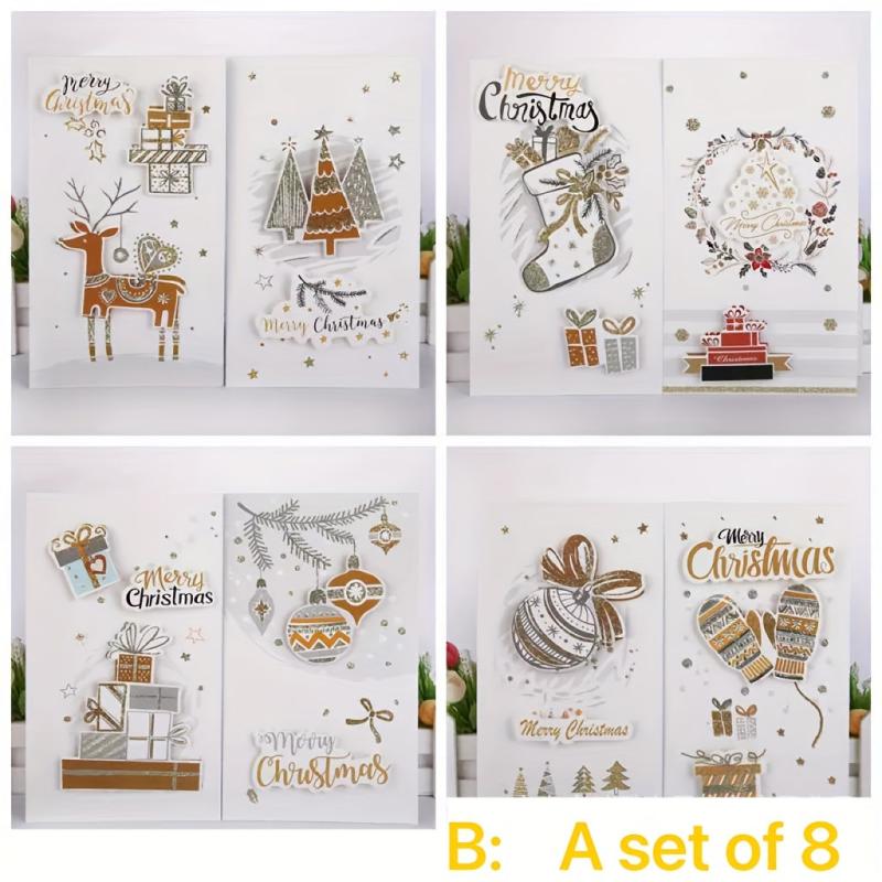 8pcs Christmas Greeting Card Set w/ Envelopes 3D Congratulation Card
