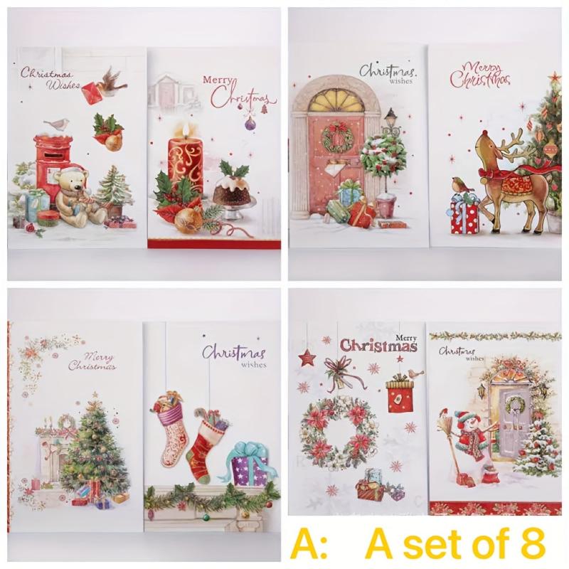 8pcs Christmas Greeting Card Set w/ Envelopes 3D Congratulation Card