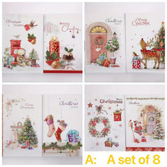 8pcs Christmas Greeting Card Set w/ Envelopes 3D Congratulation Card