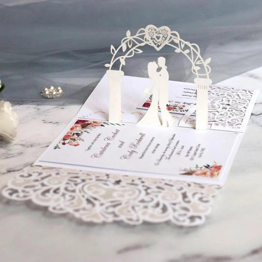 10pcs 3D Pop Up Wedding Invitations Laser Cut Bride & Groom Lace