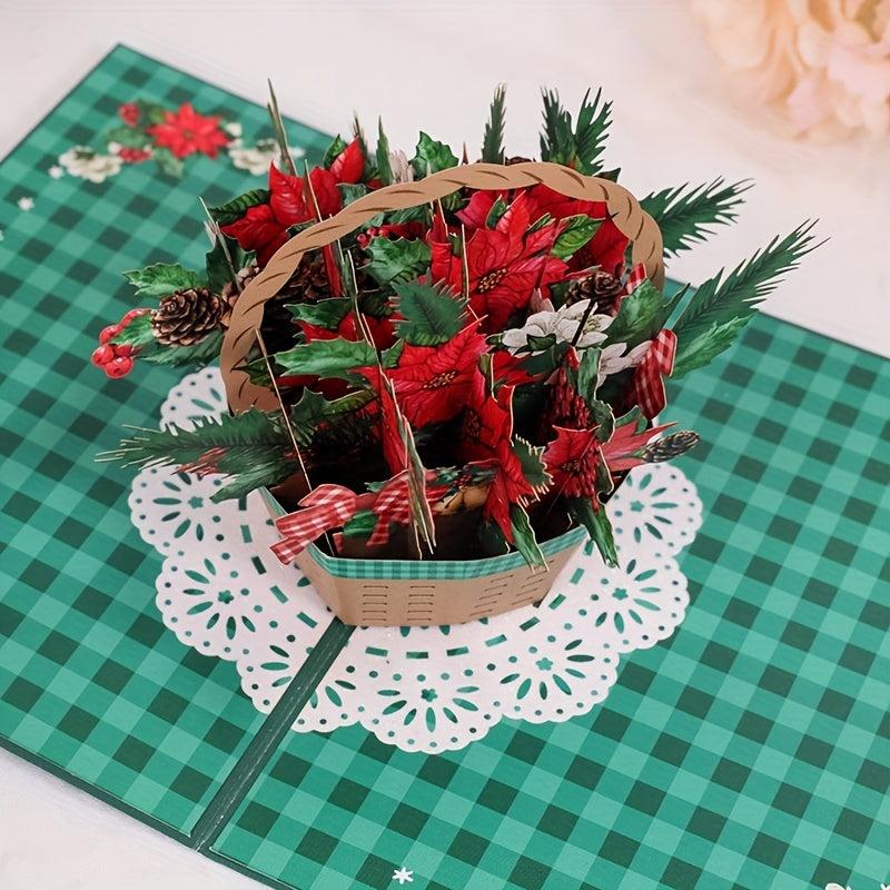 3D Christmas Flower Basket Greeting Card Paper Carving Blessing Message