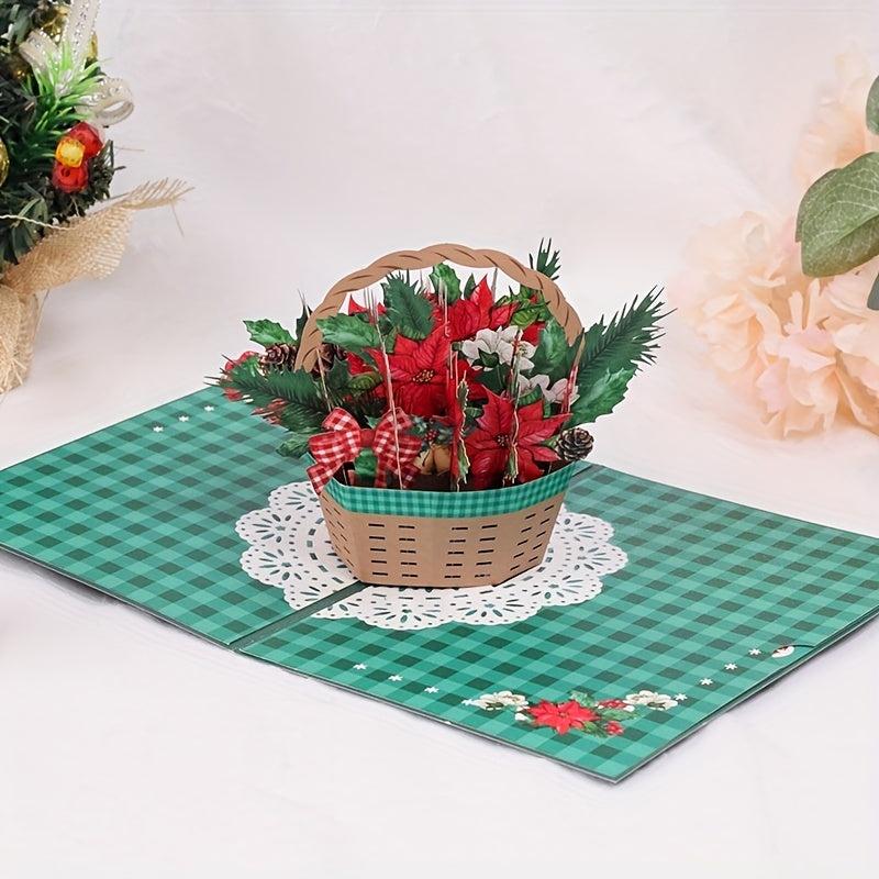 3D Christmas Flower Basket Greeting Card Paper Carving Blessing Message