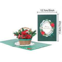 3D Christmas Flower Basket Greeting Card Paper Carving Blessing Message