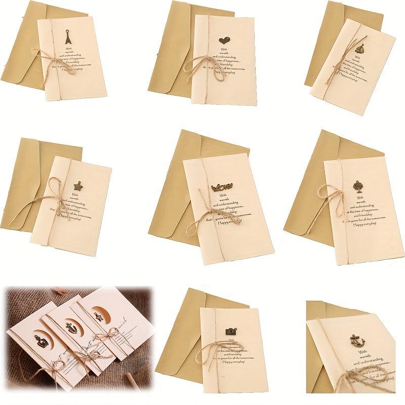 8pcs Christmas Greeting Cards Set With Envelopes & Twine - Vintage Brass Pendant