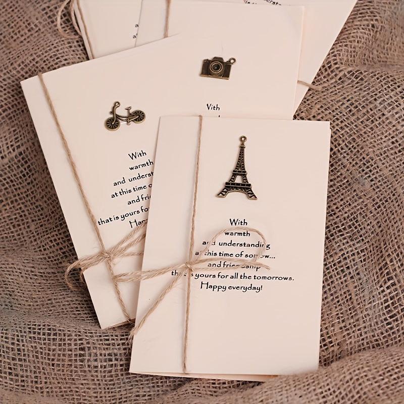 8pcs Christmas Greeting Cards Set With Envelopes & Twine - Vintage Brass Pendant