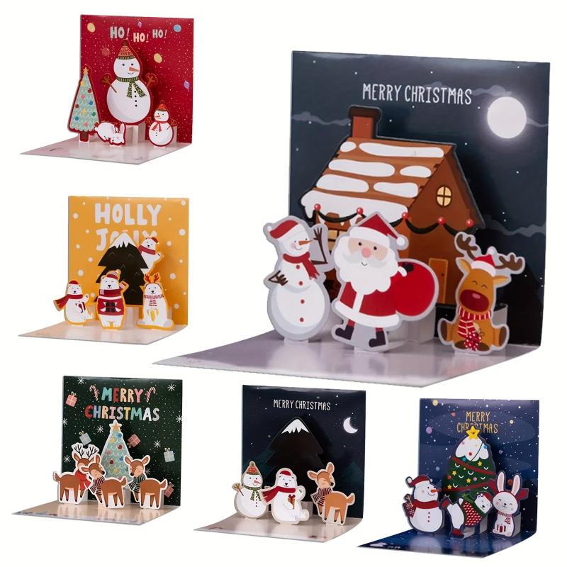 Pop Up Xmas Cards 6Pk Envelopes Stickers