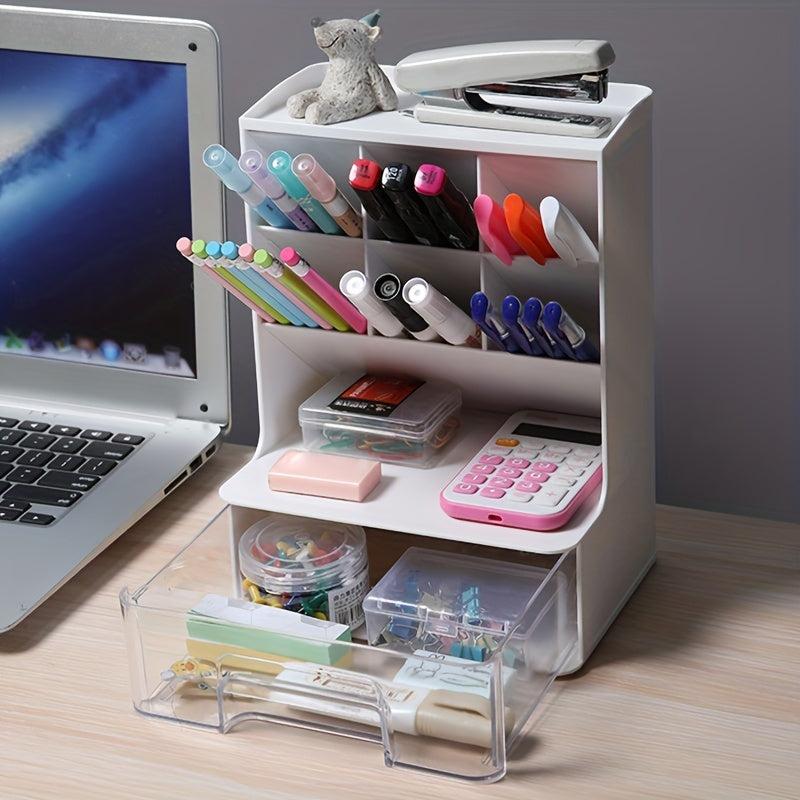 Desk Pen Holder with 7 Compartments and 1 Drawer