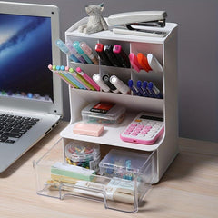 Desk Pen Holder with 7 Compartments and 1 Drawer