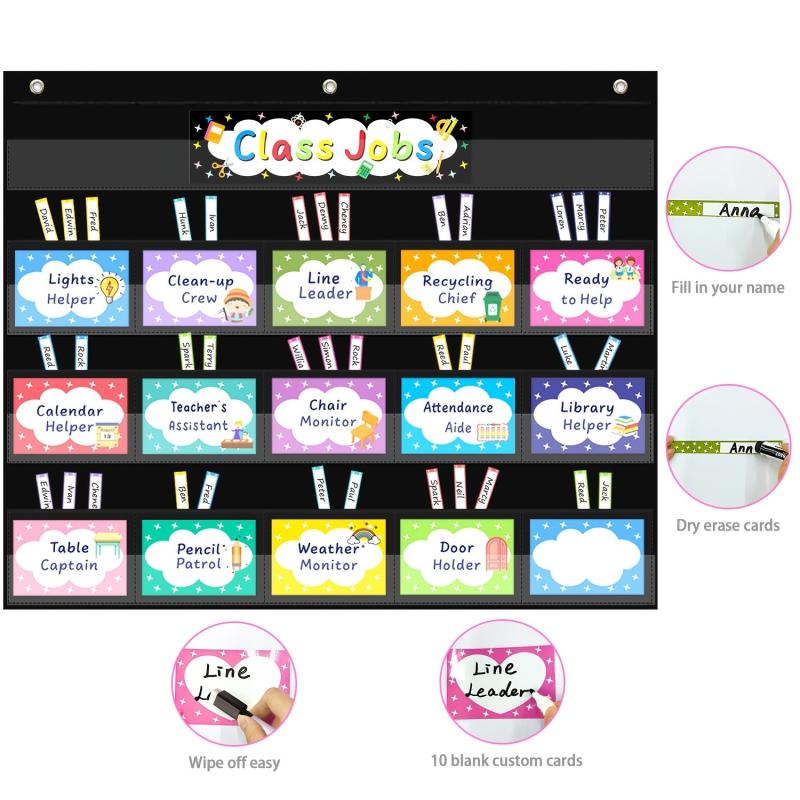 Class Jobs Pocket Chart 70 Pcs Cards 3 Hooks 2 Markers