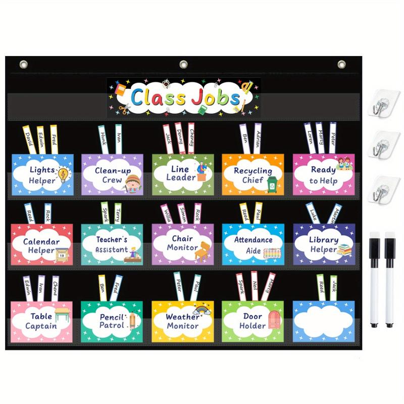 Class Jobs Pocket Chart 70 Pcs Cards 3 Hooks 2 Markers