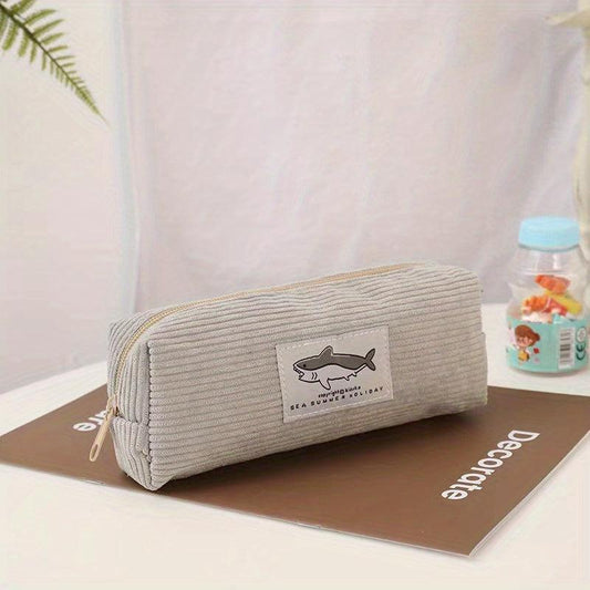 Shark Corduroy Pencil Case Large Capacity Makeup Bag